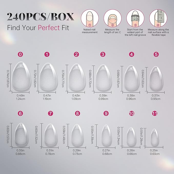krofaue Almond Nail Tips 240pcs - Half Matte Short Press On Nails, 12 Sizes Pre-Shaped Extra Short Clear Tips for Full Cover Nail Extensions DIY