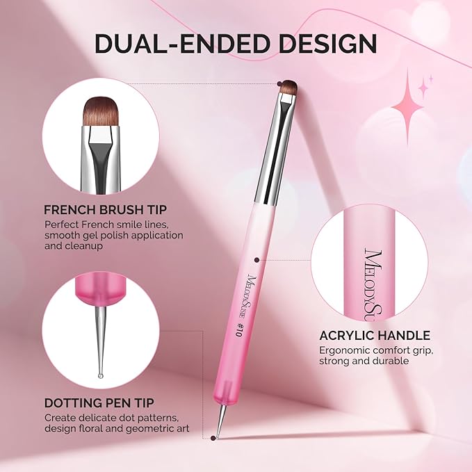 MelodySusie 4Pcs Dual-Ended French Nail Brush and Dotting Pen Set, Size #10#12#14#16 with Brush Holder, for French Tips Nail Clean Up and Nail Dotting