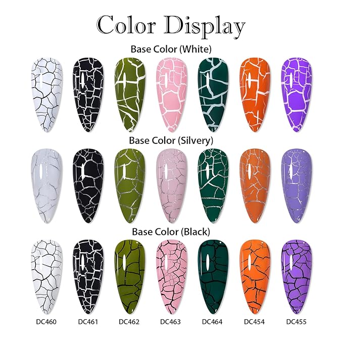 MTSSII Super Easy Crackle Gel Nail Polish 12pc Set - 7 Colors + White, Silver, Black - Base & Top Gel, Quick Dry Nail Art Kit - Fall Gift for Women