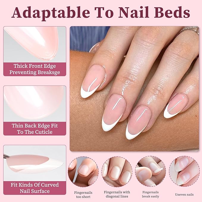 120PC White French Tip Press on Nails Medium Fake Nails Press ons with 5*Adhesive Tabs, Pink Almond Acrylic Nail Press on Nail French Tip Nails False Artificial Fingernails Stick on Nails-K