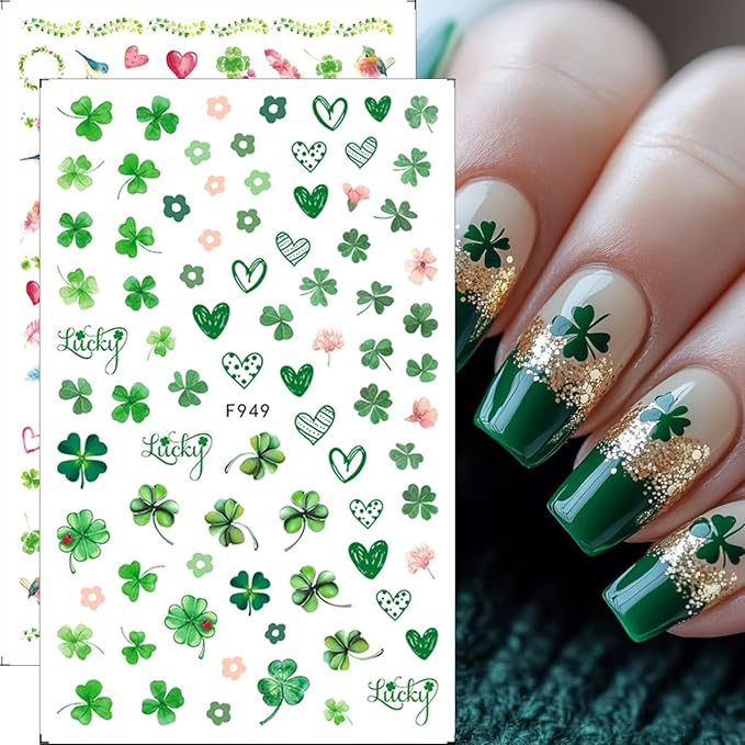 Green Shamrock Nail Art Stickers Decals 3D Self Adhesive St. Patrick's Day Nail Stickers Lucky Clover Design Spring Nail Decals Cute Heart Nail Supplies Shamrock Decoration for Women Manicure 8Pcs