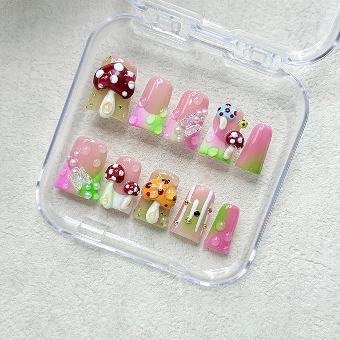 Luxury Handmade Press on Nails Medium Duck False Nails with Cute 3D Mushroom Art Design Handmade Nail with Glue Muti-Layer Gel False Nails Butterfly Charms Thick Nails for Women (Size S)