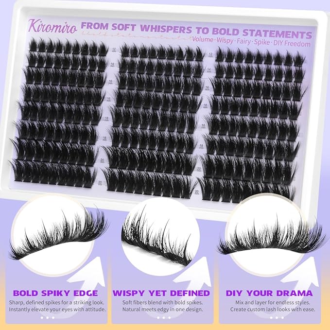 Kiromiro Lash Clusters Kit Cluster Eyelash Extensions 12-20mm Volume Individual Lash Clusters with Spikes 216pcs DIY Lash Extensions Kit Fluffy Manga Cluster Lashes Kit