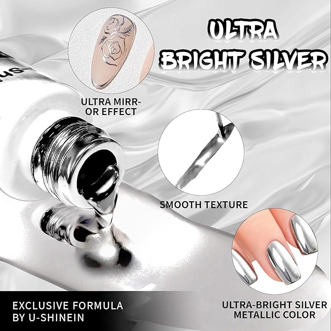 12ml Metallic Painting Gel Liner Nail Art 3D Mirror Chrome Effect Nail Polish Metal Painted Drawing Build in Thin Brush Soak Off UV/LED Ultra Mirror Silver Gel for Nail Art Manicure