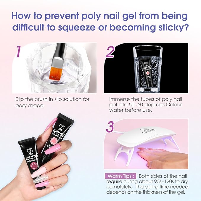 ROSALIND Poly Nail Gel Kit -24 Colors + Pink Glitter with Accessories Clear Nude Poly Nails Gel Starter Kit with Mini UV Lamp Slip Solution Base Top Coat Nude Pink Extensions Set