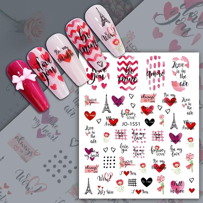 12 Sheets Valentine's Day Nail Sticker for Nails Art 3D Embossed Self-Adhesive Pink Red Love Heart Lips Valentine's Day Nail Decal Design Supplies for Women DIY Manicure Art Decoration YX1241