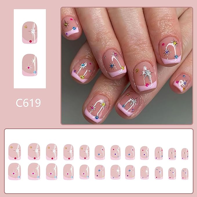Press on Nails Extra Short Square MABKJLF Pink French Tip Fake Nails False Nails with Designs Colorful Stars Nude Pink Glossy Glue on Nails Cute Stick on Nails for Women Girls 24 Pcs