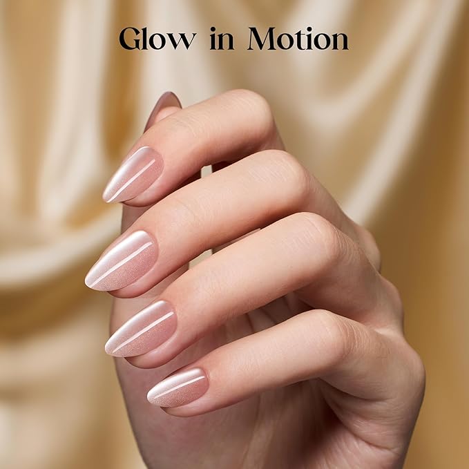 Beetles Motion Glow Cat Eye Press On, Short Almond Press On Nails Kit, 32pcs 16 Sizes, Girls Stick On Nails with Adhesive Tabs & Fast-Dry Nail Glue, Salon-Ready Gift for Women Mist Glow