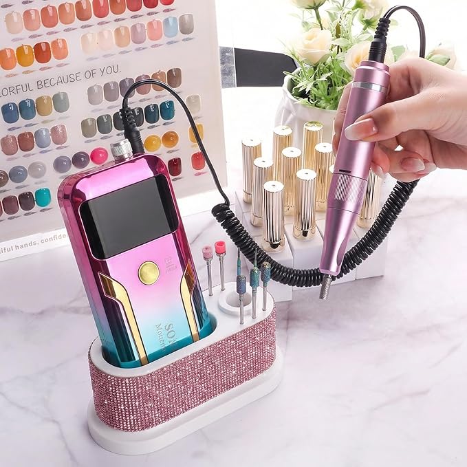 ANGNYA Nail Drill Machine Holder with Pink Rhinestones, 8 Holes Nail Drill Bit Holder, Nail Efile Stand and Organizer Storage Box Case