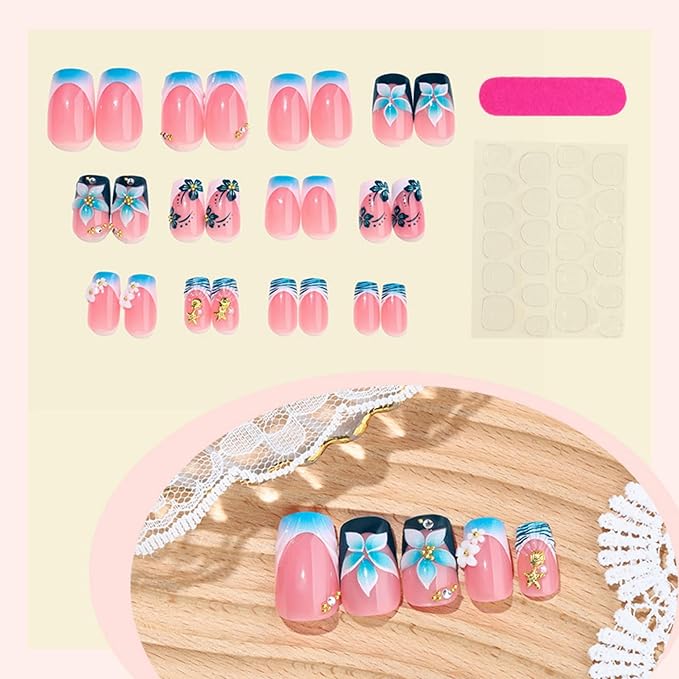 Square Press on Nails Medium Fake Nails Blue Artificial Nail French Flowers with Gold Charm Designs Stick on Nail for Women 24pcs