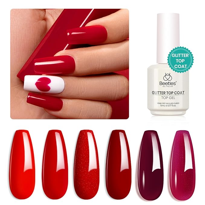 Beetles Red Gel Nail Polish Set with Top Coat, Gel Polish 6 Colors Popular Shimmer Red Burgundy Nail Art Design Soak Off Uv LED Minicure DIY Home Gifts for Women