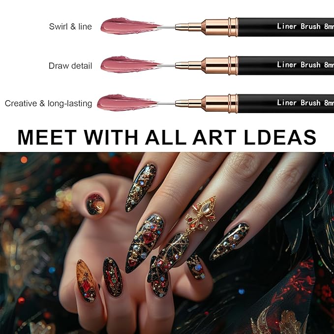 Metallic Nail Art Brushes，Nail Liner Brush Set，5PCS Nail Art Tools for Long Lines,Fine Drawing,Thin Details,Liner Brush Painting Art Design Nail Art Tool Sizes5/8/12/20/25mm，Black