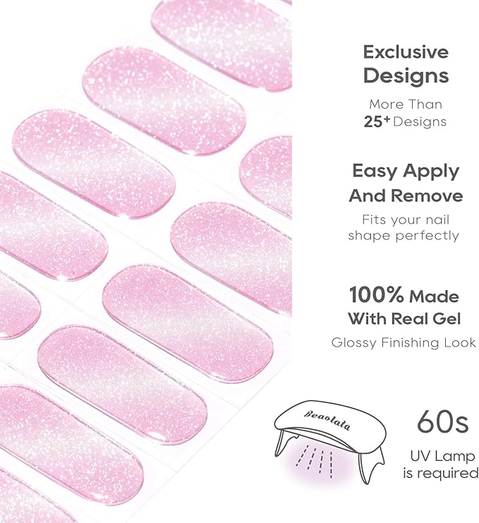 Semi Cured Gel Nail Strips - UV Light Gel Nail Stickers - 20 Long Lasting Salon Quality Wraps (Queen's Violet Pink)