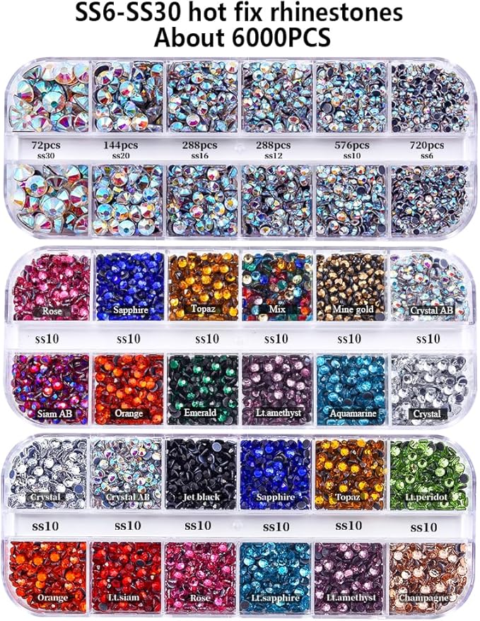 Blinginbox Hotfix Rhinestone Setter, Hot Fix Applicator Tool Bedazzler Kit with Rhinestones, Kit, Hot Fixed Wand for Clothes Clothing Fabric Crafts, 6000 Pcs, AB Crystal, Clear,7 Tips Sizes