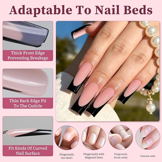 120PC Black French Tip Press on Nails Long Fake Nails Press ons with 5*Adhesive Tabs, Pink Square Acrylic Nail Press on Nail French Tip Nails False Artificial Fingernails Stick on Nails-C