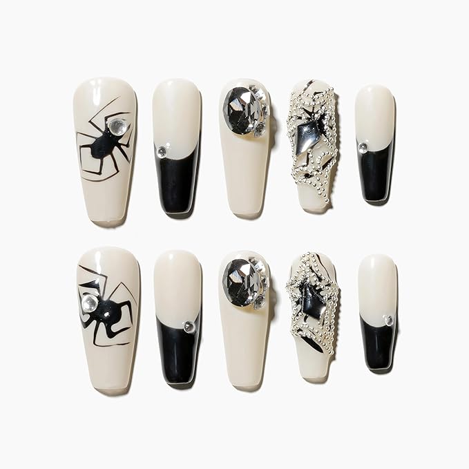 Sun&Beam Nails Handmade Press-on Long Coffin Ballerina Beige Black Halloween Spider Design False Nail Tips 10 Pcs (#133 L)