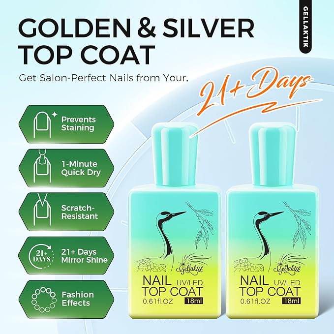 Glitter Gel Top Coat Set, Silver & Gold No Wipe Top Coat Gel Polish, 2 x 15ml Soak Off UV LED, Long Lasting Glitter Gel Nail Art for Home Salon Manicure & Pedicure