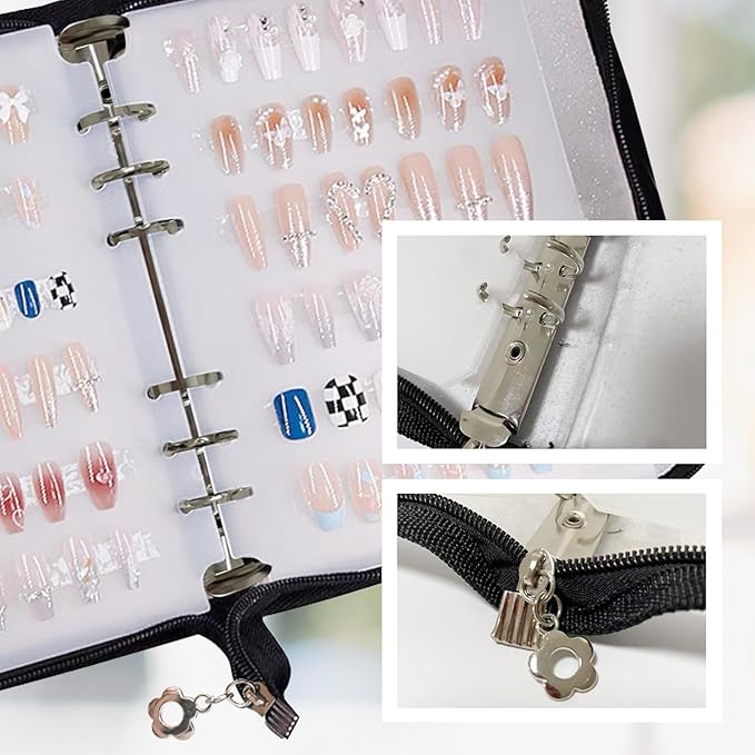 A5 Zipper Press On Nail Organizer - Empty Nail Storage Box for Fake Nails, Nail Display, Includes 6pcs Nail Tapes - Durable Nail Packaging for Fake Nail Storage & Organization