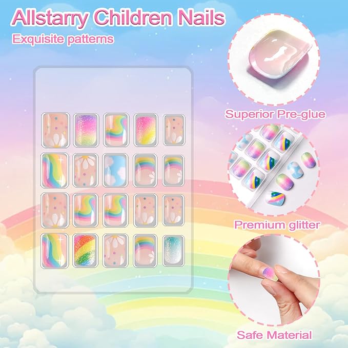 Allstarry 6 pack Children Nails Press on Pre-glue Full Cover Glitter Rainbow Flower Star Short False Nail Kits Lovely Gift for Children Little Girls Nail Art Decoration - Dreamy Rainbow