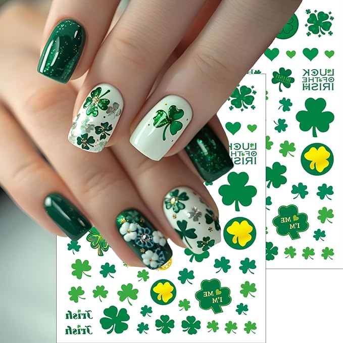 6 Sheet St. Patrick’s Day Nail Stickers – Irish Shamrock Green Clover Carnival Festival Fake Nail Decals 3D Self-Adhesive for Women Girls Summer Holiday Nail Art Decorations
