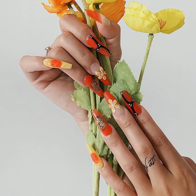 Long Coffin Press On Nails - 3D Flowers Orange Design Hand-Painted Butterflies French Tip Acrylic Nail for Women (Mango Sago,M)