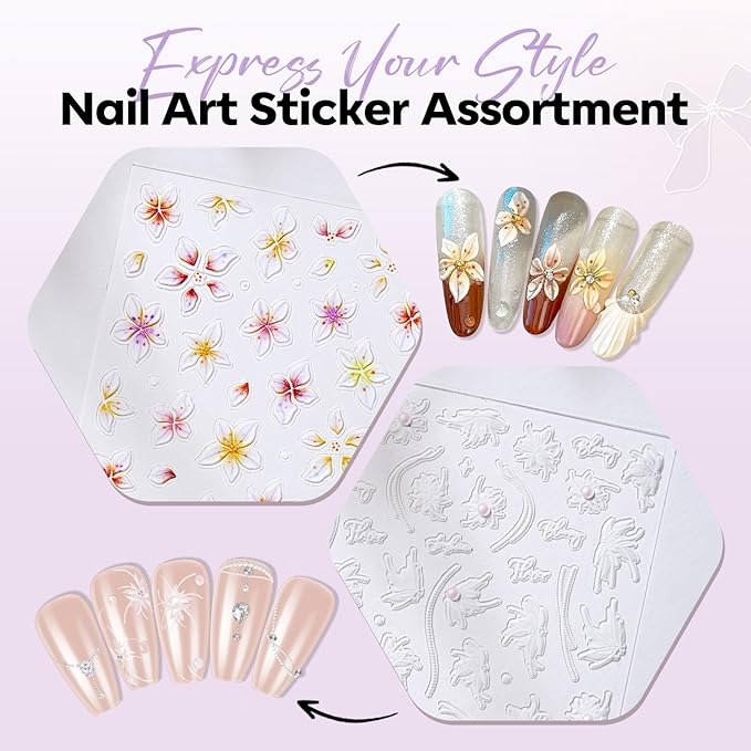 modelones Gel Polish Nail Stickers, 3D Embossed Floral Self-Adhesive Nail Decals, Butterfly&White Elegant Lace Flowers Petals Nail Art Design for Spring Summer Manicure DIY Nail for Women & Kids 5Pcs