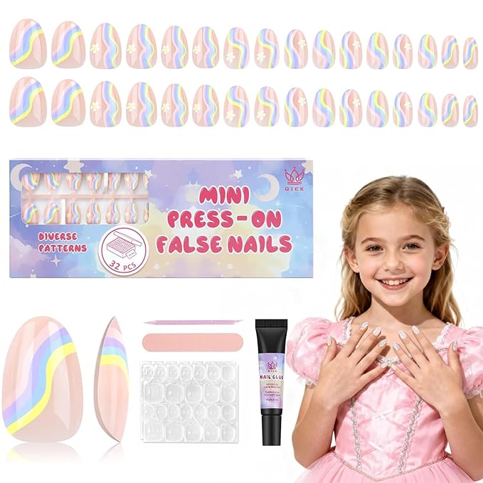 16 Sizes Press on Nails Kit for Kids - 32 Pieces French Almond Fake Nail Tips for Girls 8-12 Years Old with Jelly Nail Adhesives & No-Lamp Nail Glue, Birthday Easter Gifts (Rainbow Flower)