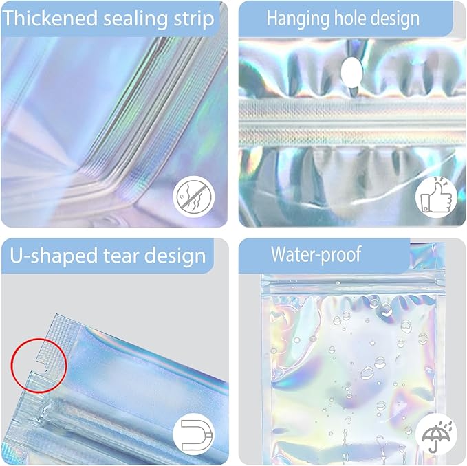 100 PCS Press On Nails Packaging Bag Holographic Nail Storage Bag and 100PCS Shiny White Pearl Card with 7 Sheets Pre-cut Nail Tape for Fasle Nail packaging Home Salon Business Use (Laser)