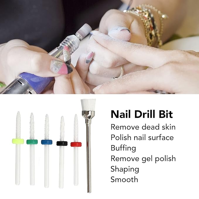 Nail File Bits Set, 6pcs Nail Drill Bit Set Home Salon Ceramic Cuticle Remover Bits Electric Nail File Bits for Nail Artist Novice Acrylic Gel Nails Manicure Pedicure