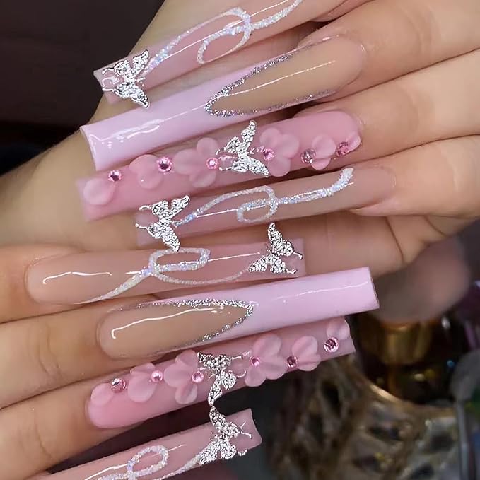 24Pcs Long Square Press on Nails Pink French Tip Fake Nails Silver Rhinestones with Flower Full Cover Tips Glue on Nails Artificial Acrylic False Nails Butterfly Charms Design for Women Manicure DIY