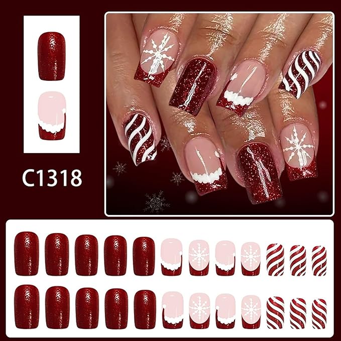 Christmas Press on Nails Medium Square Fake Nails with Snowflake Christmas Hat Designs Xmas Red Glitter French Tip False Nail Winter Stick on Nail for Women 24 Pcs