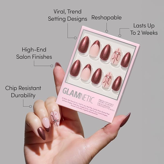 Valentines Day Glamnetic Press On Nails - She's A Gift | Short Almond Fake Nails in Burgundy Chrome with French Tips and Ribbon Designs with 3D Gems, Salon Quality | 15 Sizes - 30 Nail Kit with Glue