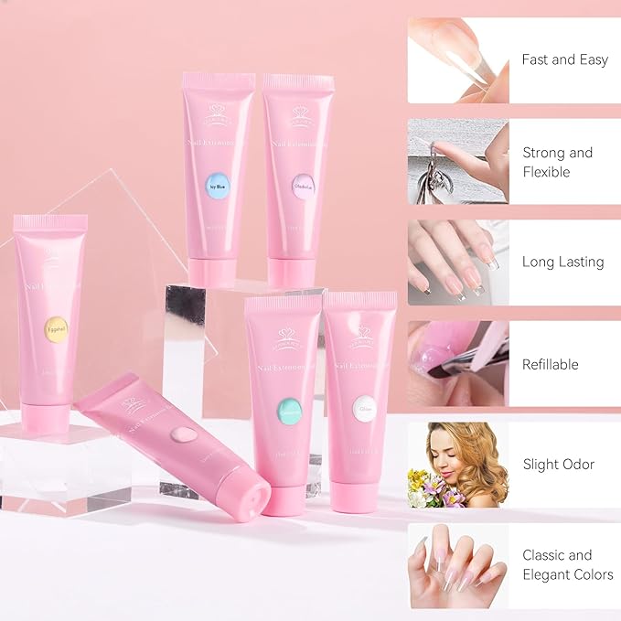 Makartt Poly Nail Gel Set - 6 Pastel Colors Buillder for Extension, Overlay Strengthener 3D Diy, Multifunctional, Long-lasting Enhancement Solution for Salon DIY at Home 15ML Pink Blue Green Purple