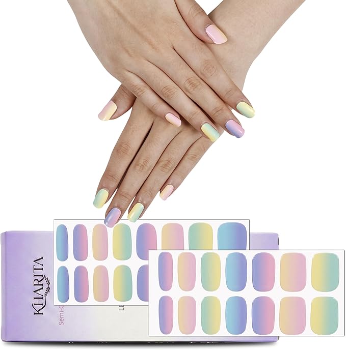 Semi Cured Gel Nail Strips – Real Gel Nail Polish Wraps for Brittle Nails | Waterproof Long Lasting Easy Peel-Off Removal | Hema-Free | Pastel Ombre Rainbow Salon Kit with File & Stick