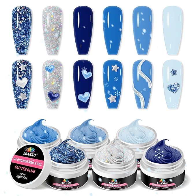Christmas Solid Builder Gel Kit, EABNKU 6 Colors Solid Builder Gel for Nails Blue Collection Glitter Non Sticky Nail Extension 3D Sculpting for Winter Nail Starter Kit 15g*6 (3 OZ)