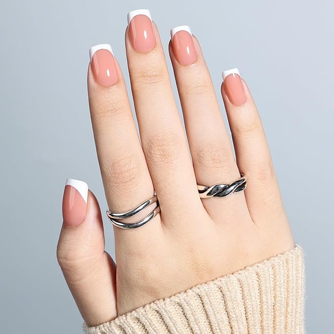 French Tip Press On Nails - Short Square Peach-toned Nude Press on Nails Glossy Nails Press Ons for Women DIY Fake Nails Kit with Glue, Reusable Glue on Nails in 16 Sizes - 32pcs, Peach Tip