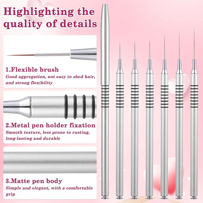 6Pcs Nail Art Liner Brushes Set, Fine Drawing Painting Details Design Striping Brush With Gel Polish Acrylic Handle Gifts Manicure Tools DIY Sizes 5/7/9/11/15/25mm, Silver