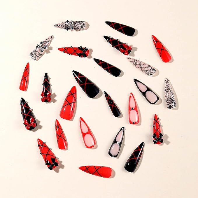Long Press on Nails Stiletto Fake Nails Red Black French Tip False Nails Glossy Glue on Nail with 3D Bow Design Acrylic Nails Press ons Full Cover Stick on Nail for Women Manicure 24Pcs