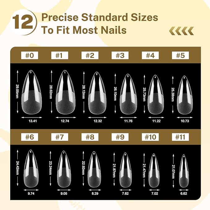 JODSONE Long Almond Nail Tips 240Pcs Soft Nail Gel Tips Half Matte Full Cover Clear Gelly Press on Flase Nail Tips for Extension Nail Manicure Home DIY 12 Sizes