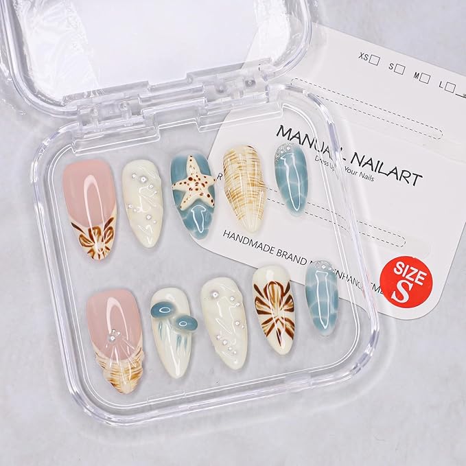 Luxury Press on Nails Short Almond Handmade 3D Starfish Fake Nails French Tip False Nails Flower Pearl Art Designs Glossy Stick on Nail Full Cover Thick Acrylic Nail for Women (Size S)