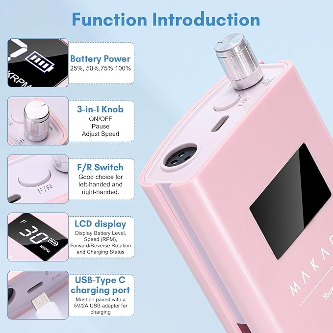 Makartt Electric Nail Drill - 30,000RPM Rechargeable Cordless E File for Gel & Acrylic Removal, Quiet Nail Drill Kit with LCD, 8H Battery, F/R Rotation, for Beginner & Pros, Perlarie Pearly Pink