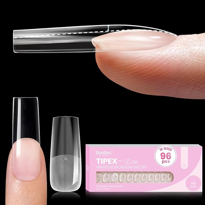 Beetles Tipex Lite Instant Apex Nail Tips, Long Square, 16 Sizes | 00–14, Built-in Apex Acrylic Tips for Flat & Natural Nail Beds, Beginner-Friendly Easy DIY Nail Extensions