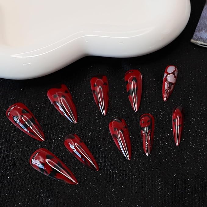 Blood Press on Nails - Halloween Fake Nails | Long Stiletto Acrylic Nail with Horror Ghost Designs,Reusable Stick on Nail for Women Girls | 12Size - 24Pcs with Jelly Glue