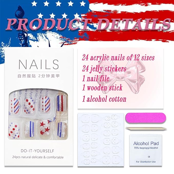 4th of July Press on Nails Short Square Sliver Glitter Fake Nails Full Cover Tricolor False Nails with Star Designs America Flag Acrylic Nails Glossy Glue on Nails Artificial Nails for Women Girls