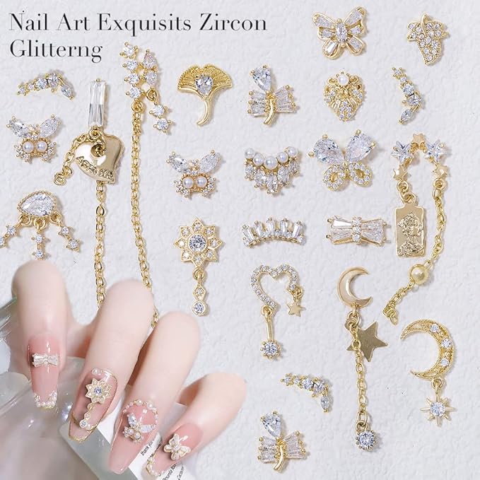 HNUIX Nail Charms and Gems - Gold Copper Zircon, Multiple Shapes Dangle, Metal Jewelry Rhinestones for Nails 22Pieces