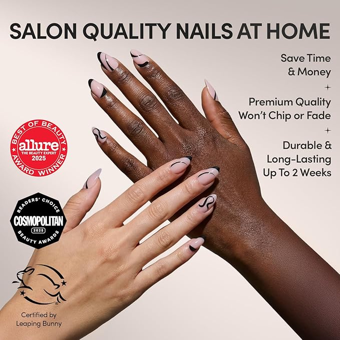 Valentines Day Glamnetic Press On Nails - Ink Wave | Short Almond Fake Nails with a Sheer Base, Black Swirl Designs in a Glossy Finish, Salon Quality | 15 Sizes - 30 Nail Kit with Glue