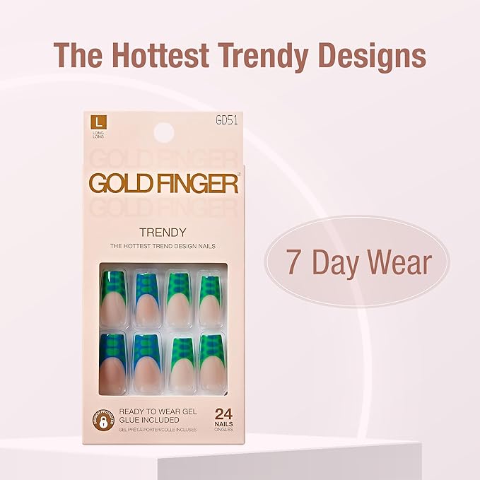 GoldFinger 24 Pcs Press On Nails, Long Square Fake Nails, Blooming French Tip Gel Stick On Extensions, Reusable Full Cover False Nail Kit with Glue, Manicure Stick & File, 7 Day Long Lasting Wear