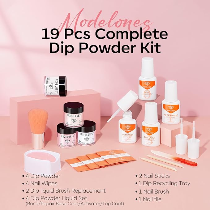 Modelones Dip Powder Nail Kit, 4 Colors Clear Nude White Pink Dipping Starter Set with Liquid and Complete Accessories for French Nails Art Salon DIY at Home Manicure