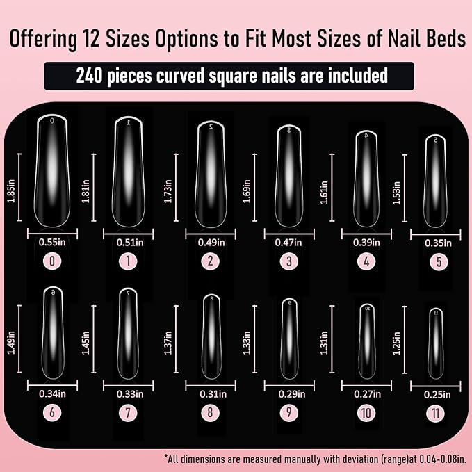 Curved Square Nail Tips Press on Full Cover Nails, Extra Curve Clear XXL Square Nail Tips Long XL Acrylic Fake Nails Extension, French False Nail 12 Sizes 240pcs