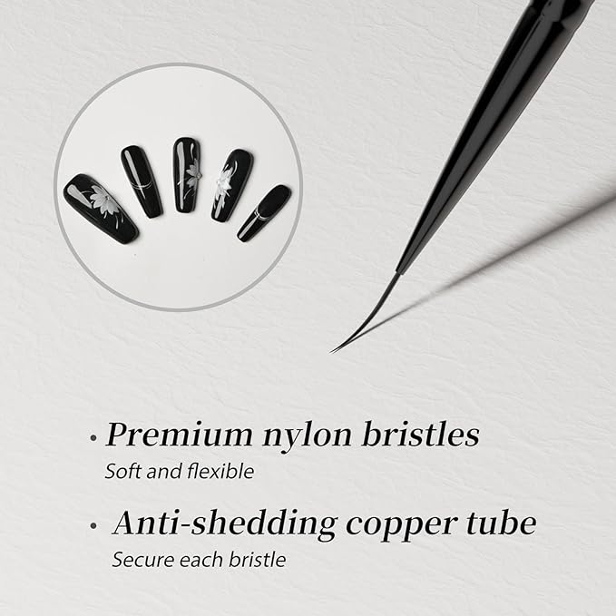 Nail Art Liner Brushes 5Pcs with Caps & Bag,Double‑Ended Thin Liner & Dotting Pen Set(4/8/12/15/20mm) for Long Lines,Fine Details,Gel Polish & Nail Painting